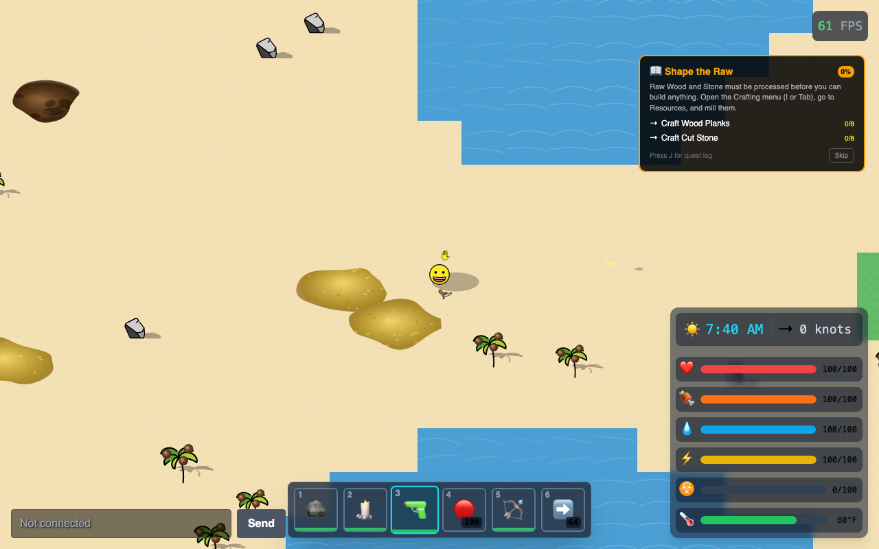 Player on beach with full weapon loadout in hotbar