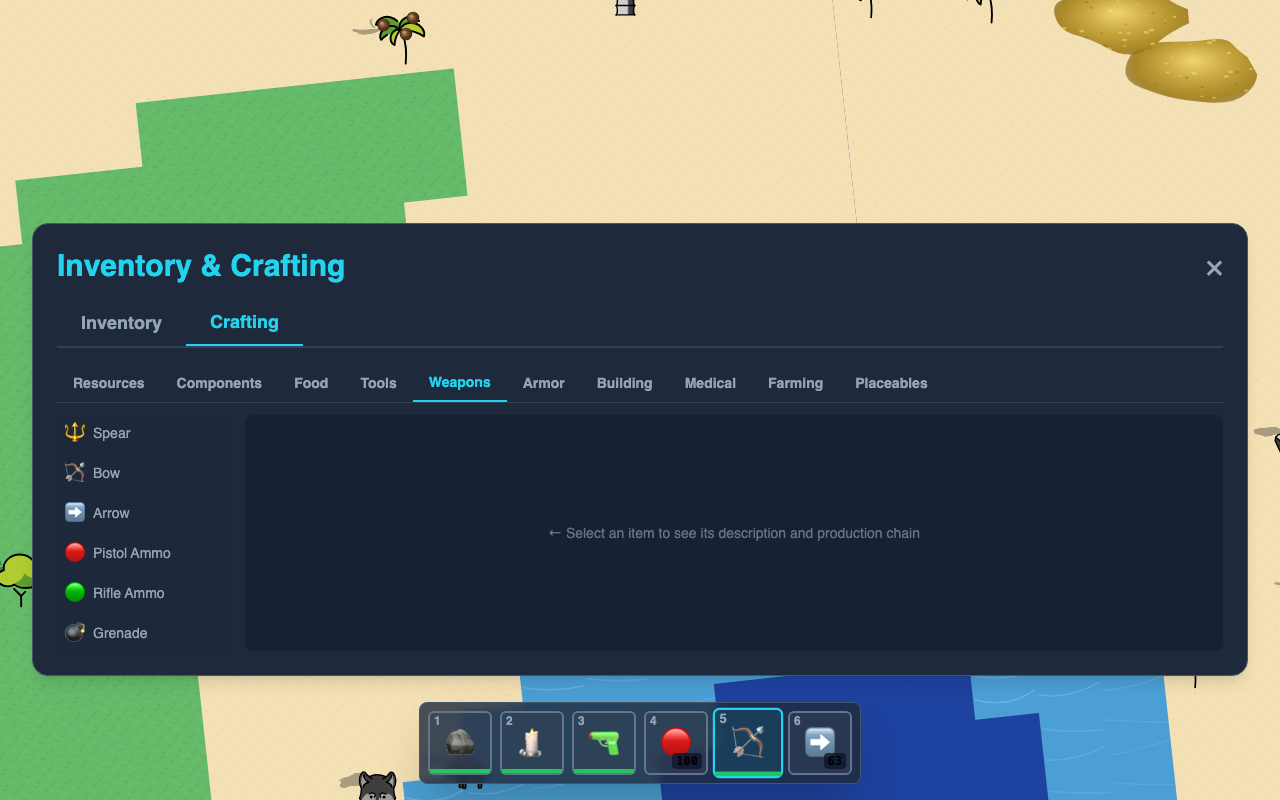 Crafting menu showing weapons, tools, and resources