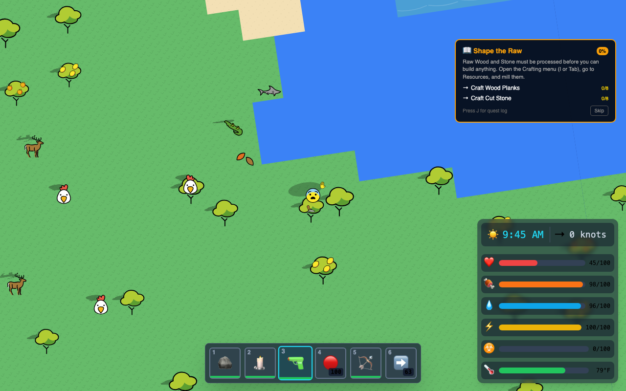 Deer, chickens, and sharks inhabit the living world of Emoji Isle
